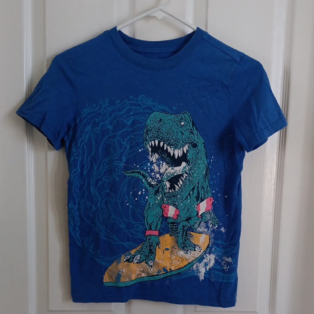 Kids Blue Dinosaur Surfing T-Shirt